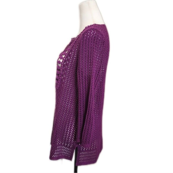 Chico's open knit v-neck tunic length purple sweater, Chico's size 1 (US 8) - Picture 2 of 8